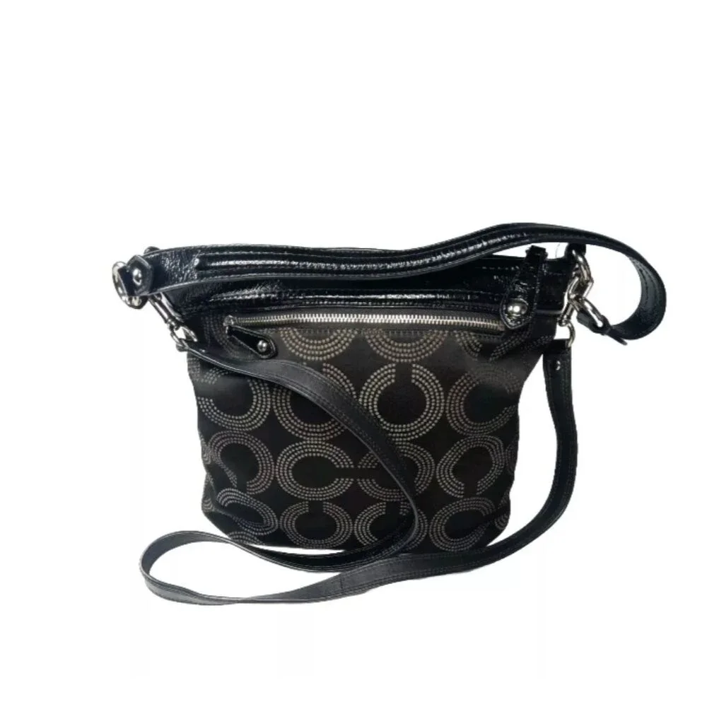 Coach Ashley Dotted Op Art Jacquard Hippie Handbag Black & Khaki F20088